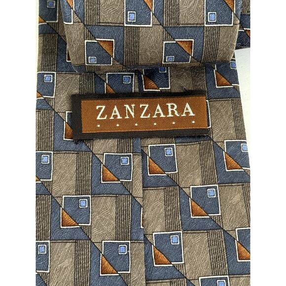 Zanzara Men's Necktie 100% Silk Allover Square Geometric Print Brown Blue Retro - Picture 5 of 6